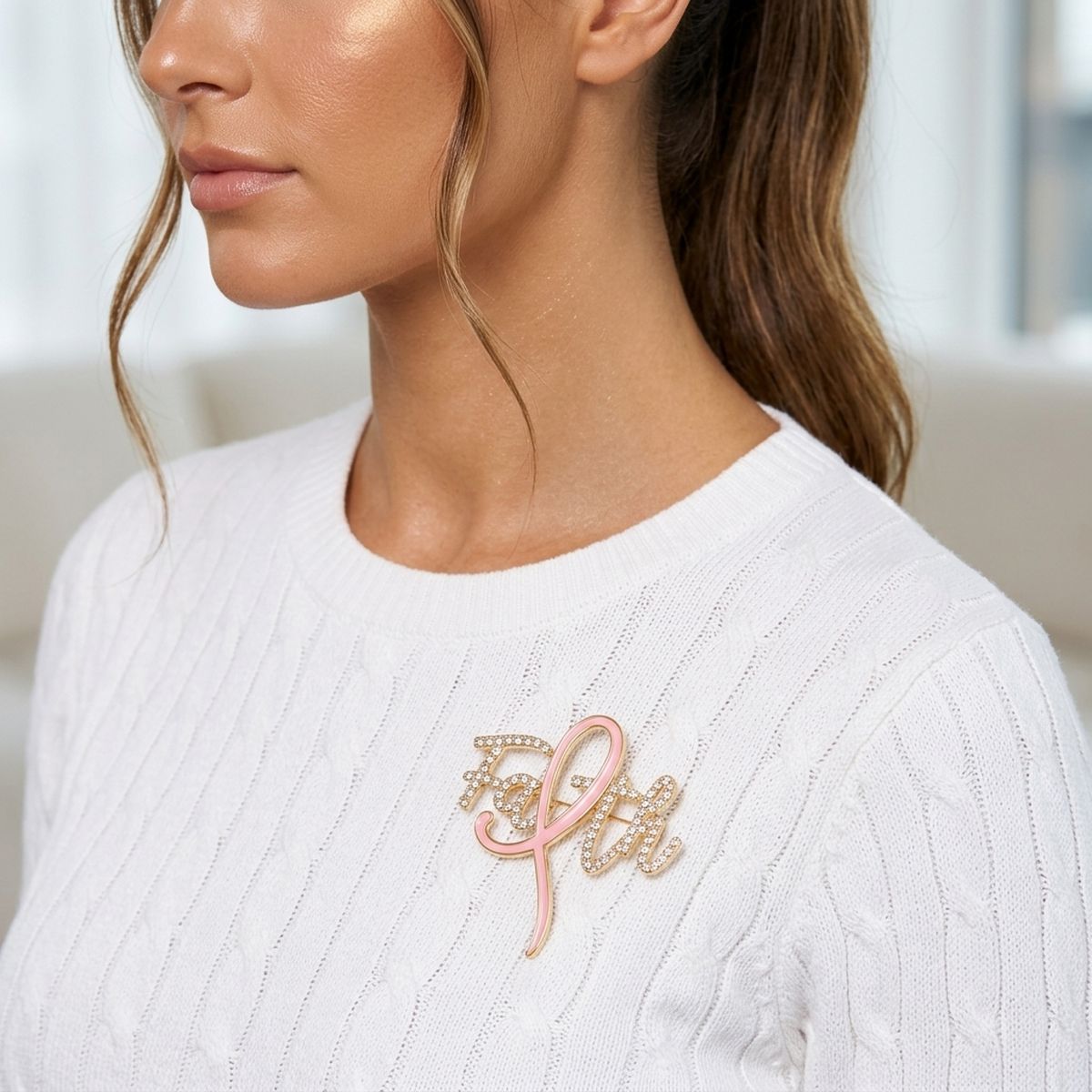 Faith Breast Cancer Gold Light Pink Ribbon Brooch