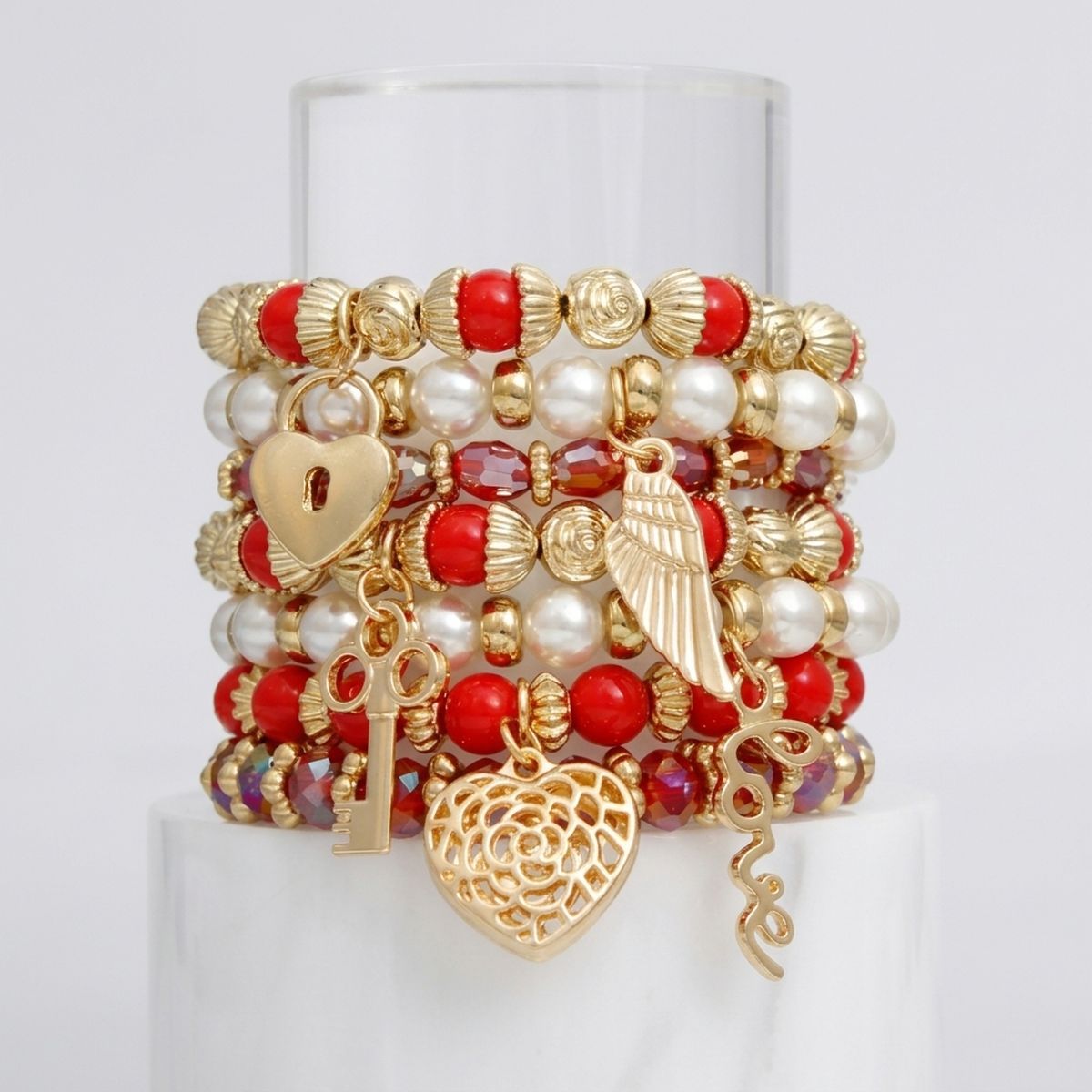 Pearl Bracelet Red White Bead Set for Women
