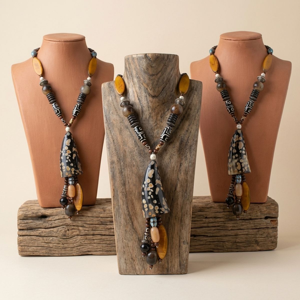 Handcrafted Real Buffalo Horn & Wood Bead Necklace