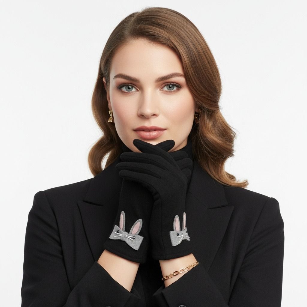 Black Woolen Cute Rabbit Touchscreen Winter Gloves