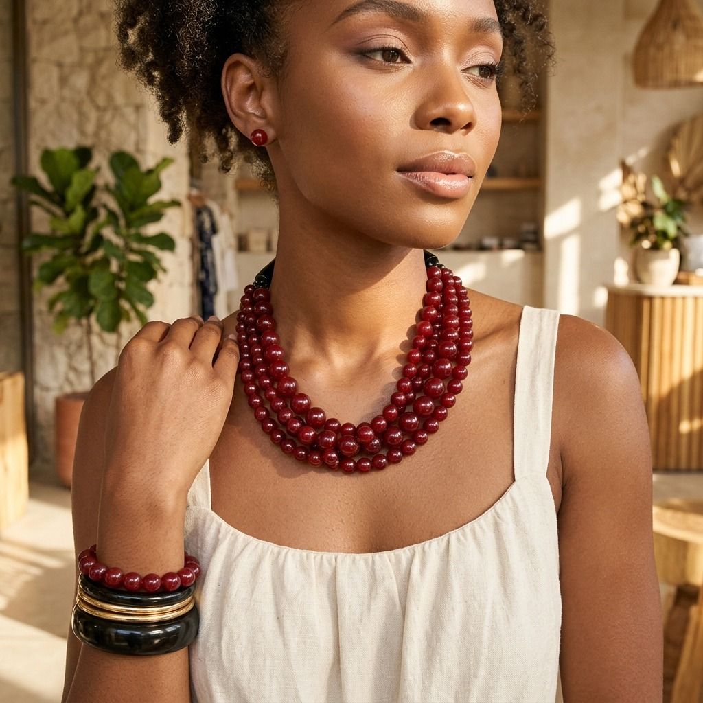 Burgundy Bead Buffalo Horn Hook Necklace