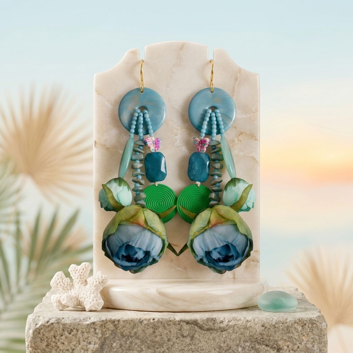Turquoise Oversized Flower Butterfly Drop Earrings
