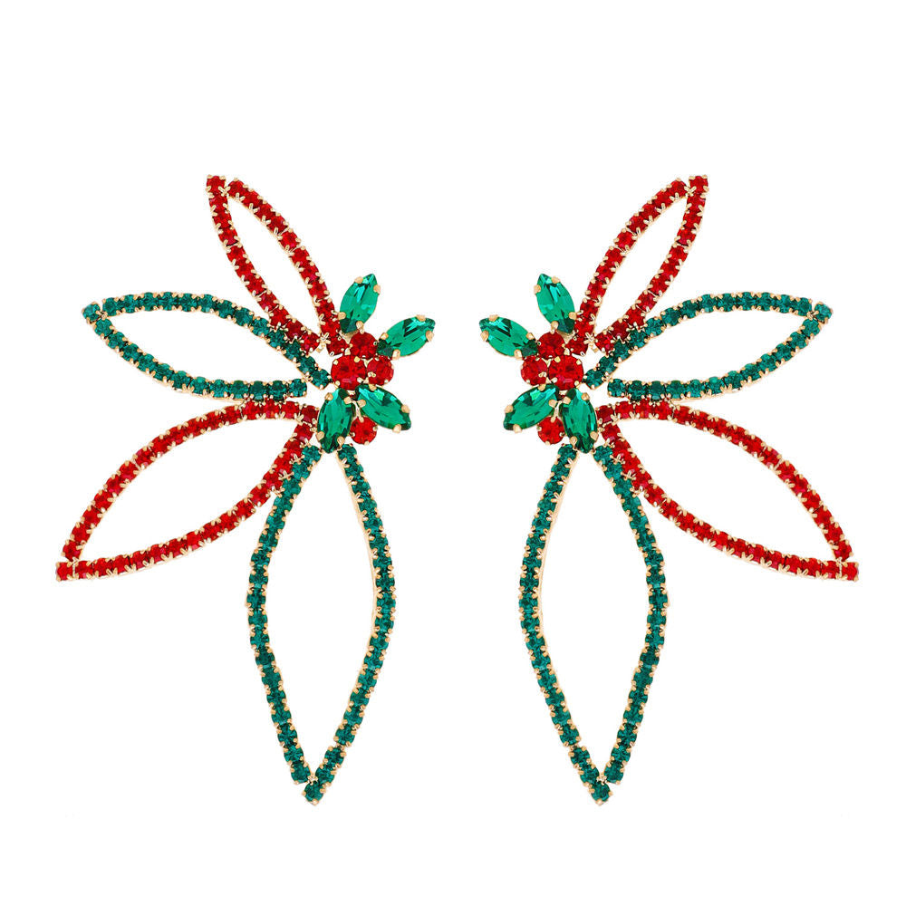 Holiday Red Green Crystal Flower Post Earrings