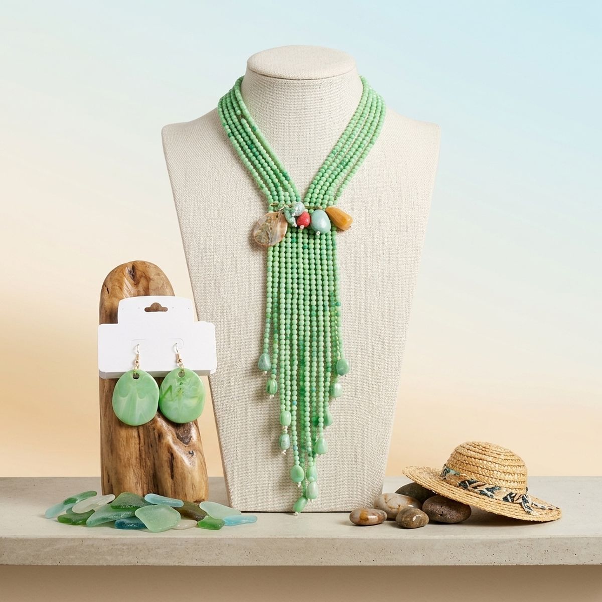 Marbled Green and Stone Bead Tassel Y Necklace
