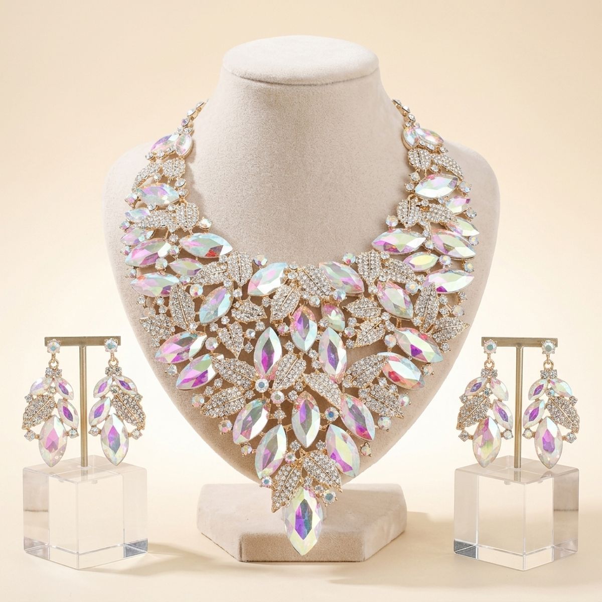 Gold Aurbo Glass Marquis Crystal Leaf Bib Necklace