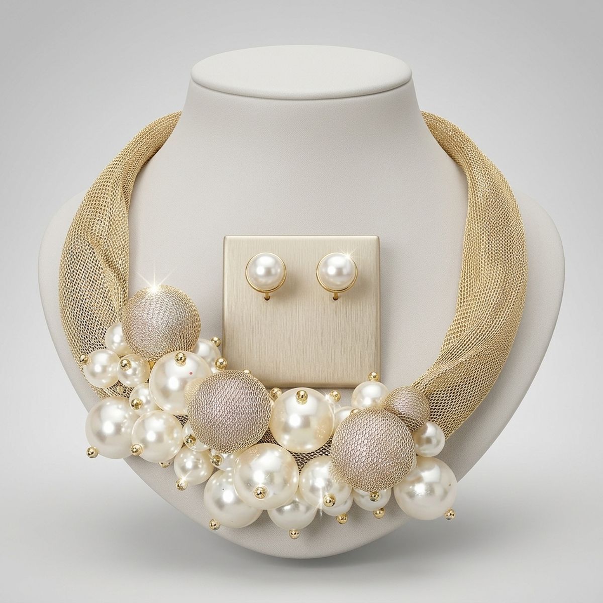 Cream Pearl Cluster Metal Mesh Collar Necklace