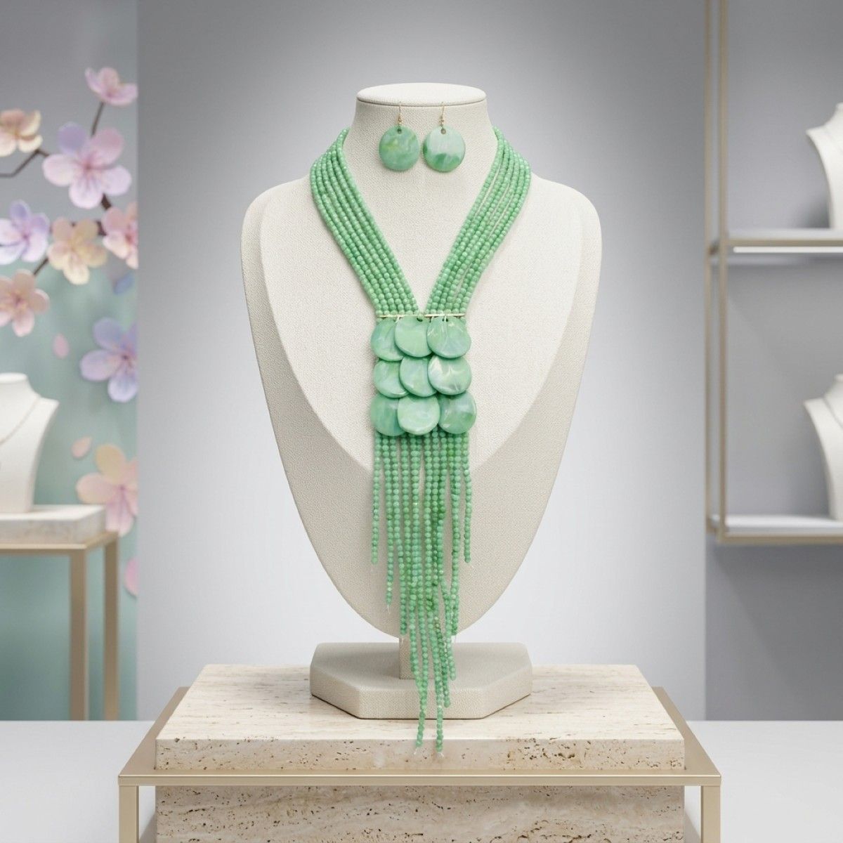 Marbled Green Bead Multi Strand Tassel Necklace