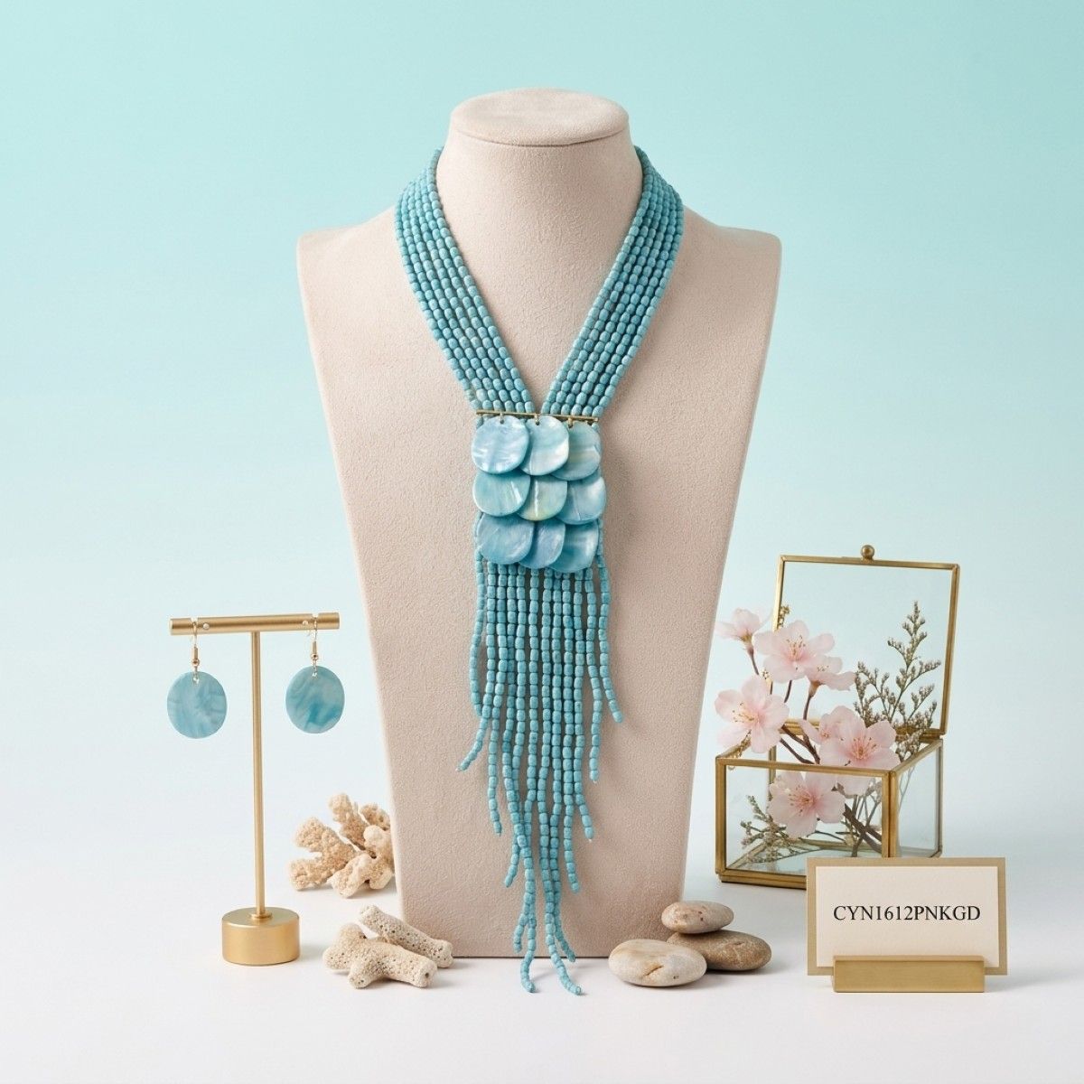 Marble Turquoise Bead Multi Strand Tassel Necklace