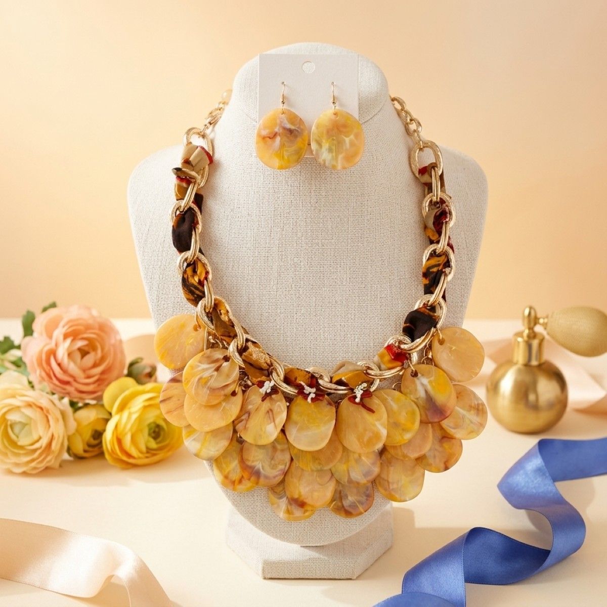 Marble Mustard Disc Bib Fabric Woven Chain Necklace
