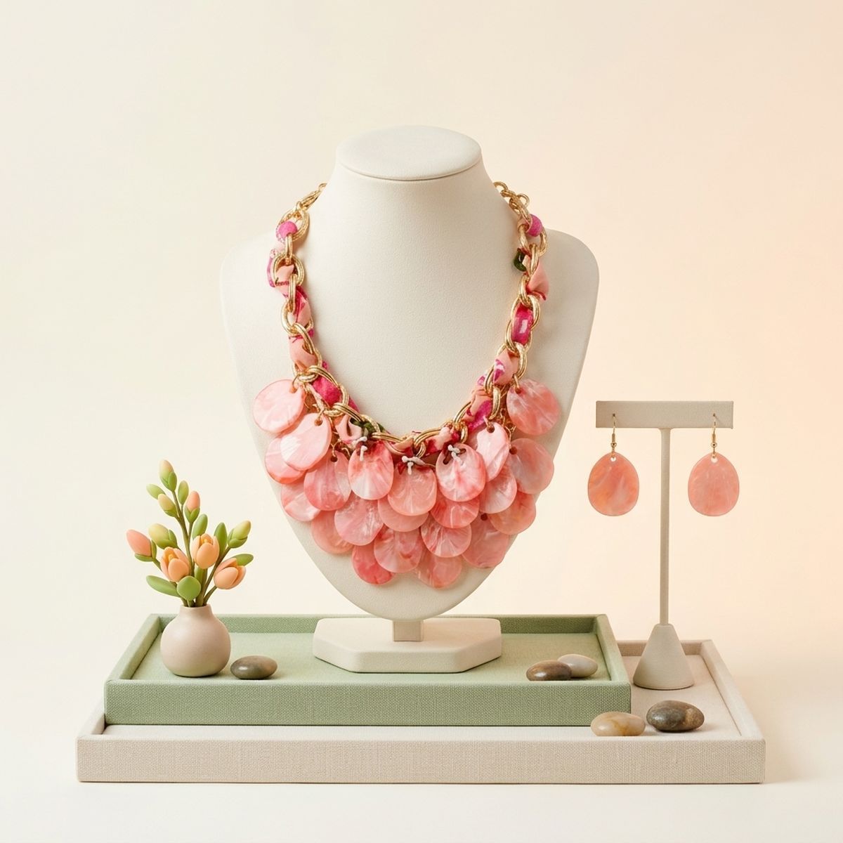 Marbled Pink Disc Bib Fabric Woven Chain Necklace