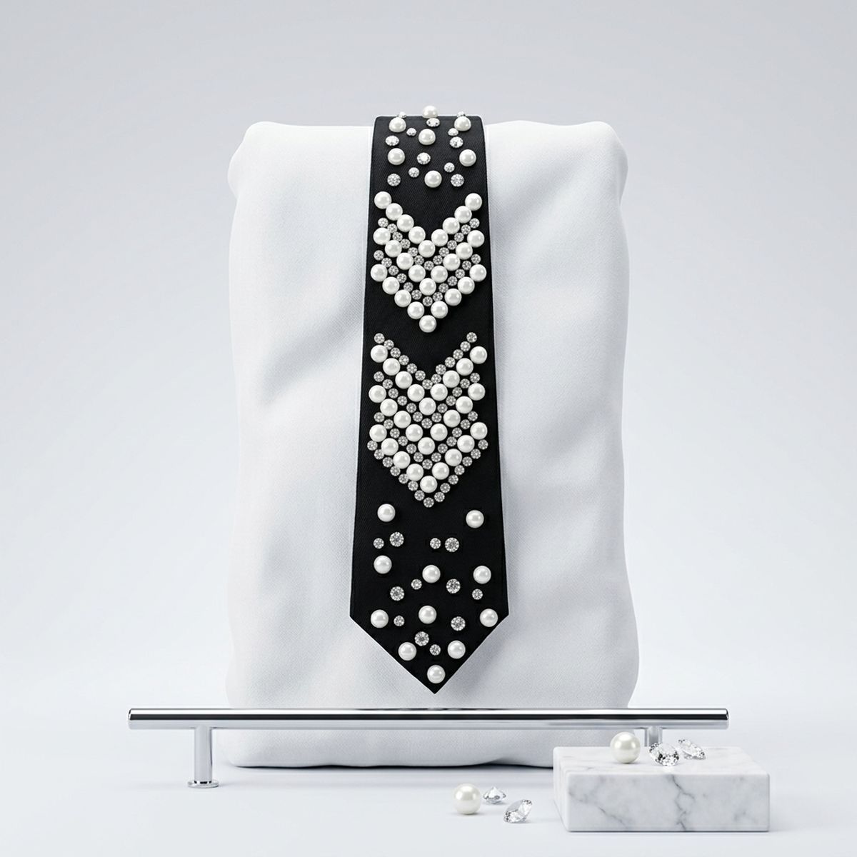 Chevron Pearl Studded Black Necktie Necklace