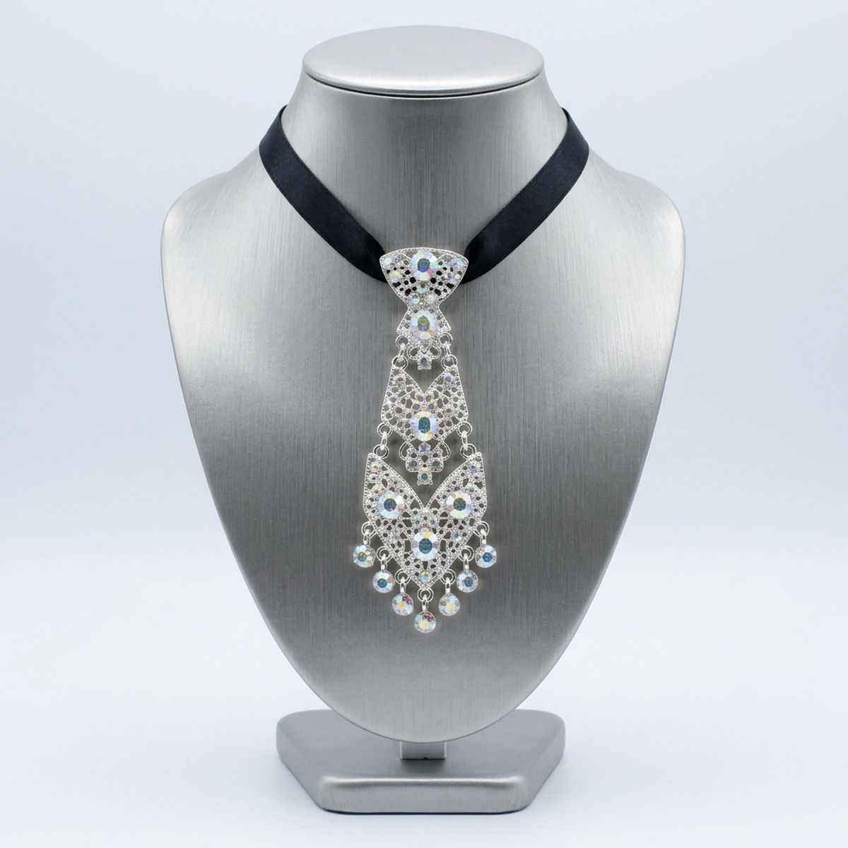Silver Filigree Aurbo Rhinestone Necktie Necklace