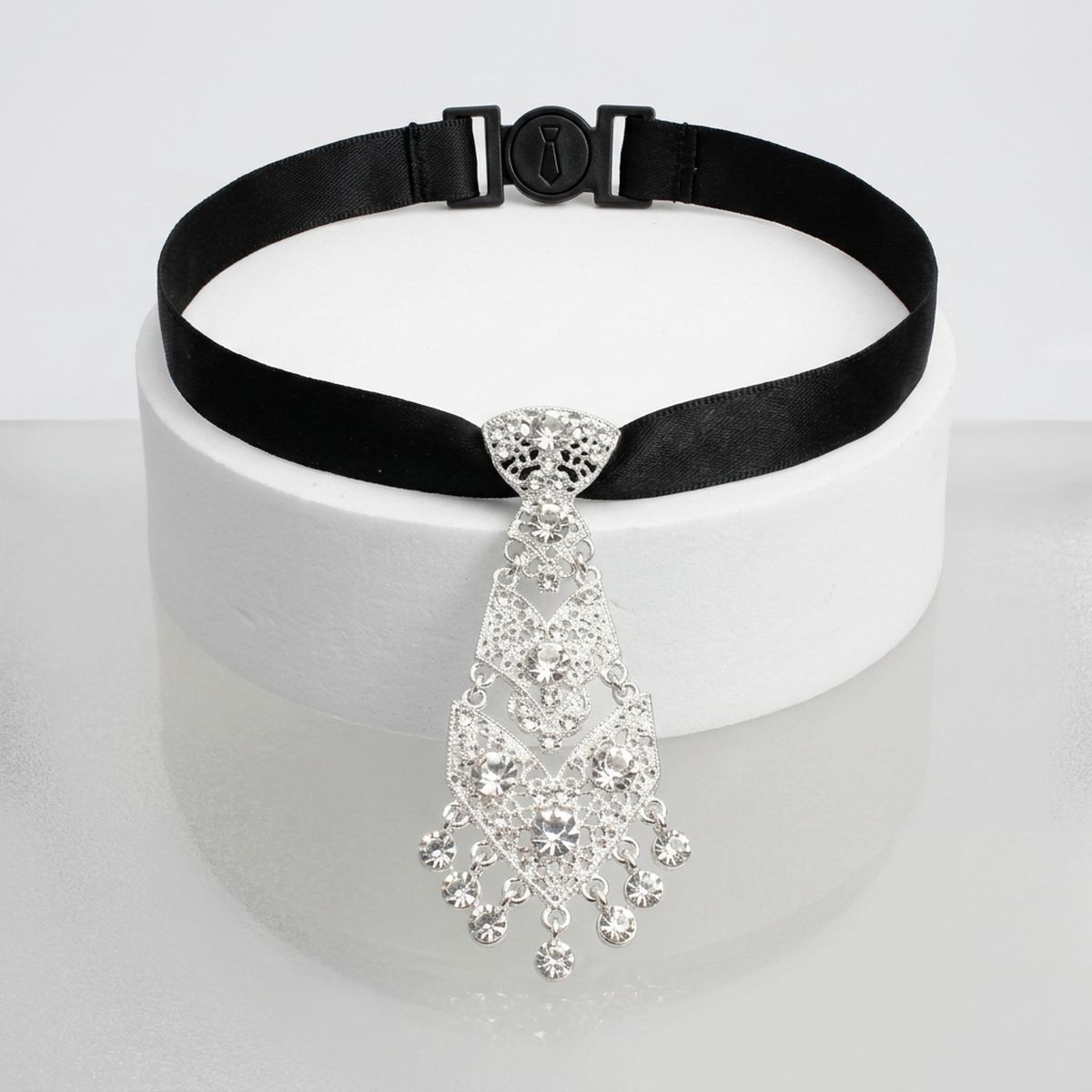 Silver Filigree Rhinestone Necktie Choker Necklace