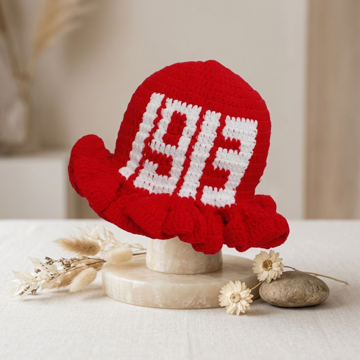 DST Sorority Red Crochet Ruffle 1913 Bucket Hat