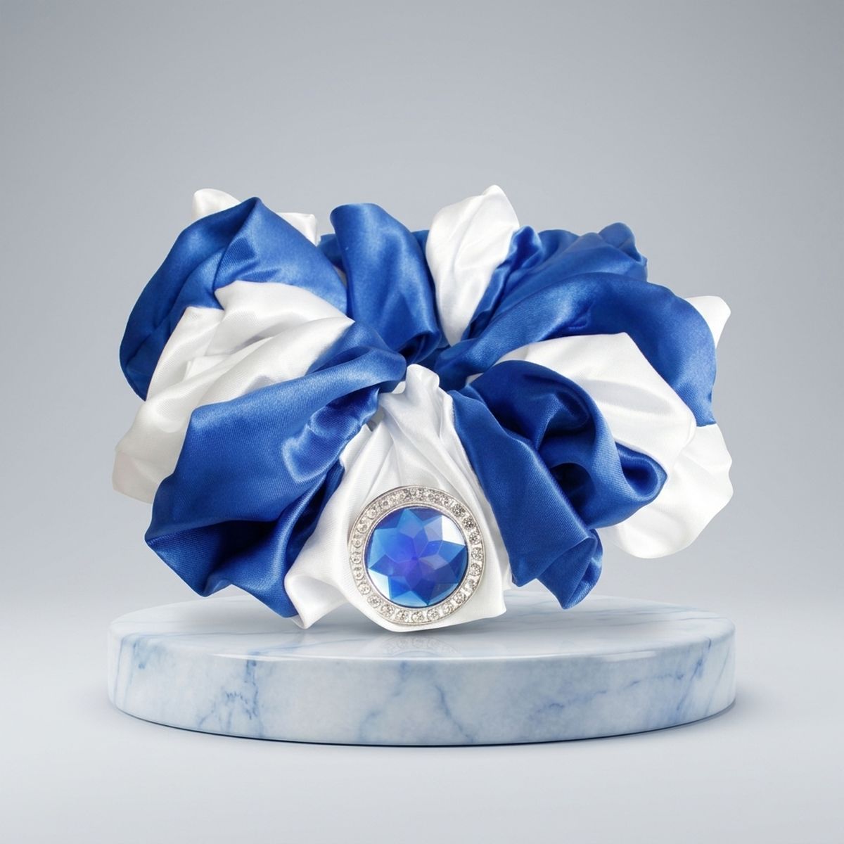 ZPB Blue & White XL Silky Jeweled Hair Scrunchie