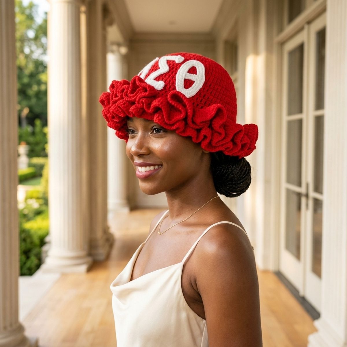 DST Red Greek Crochet Ruffle Bucket Hat