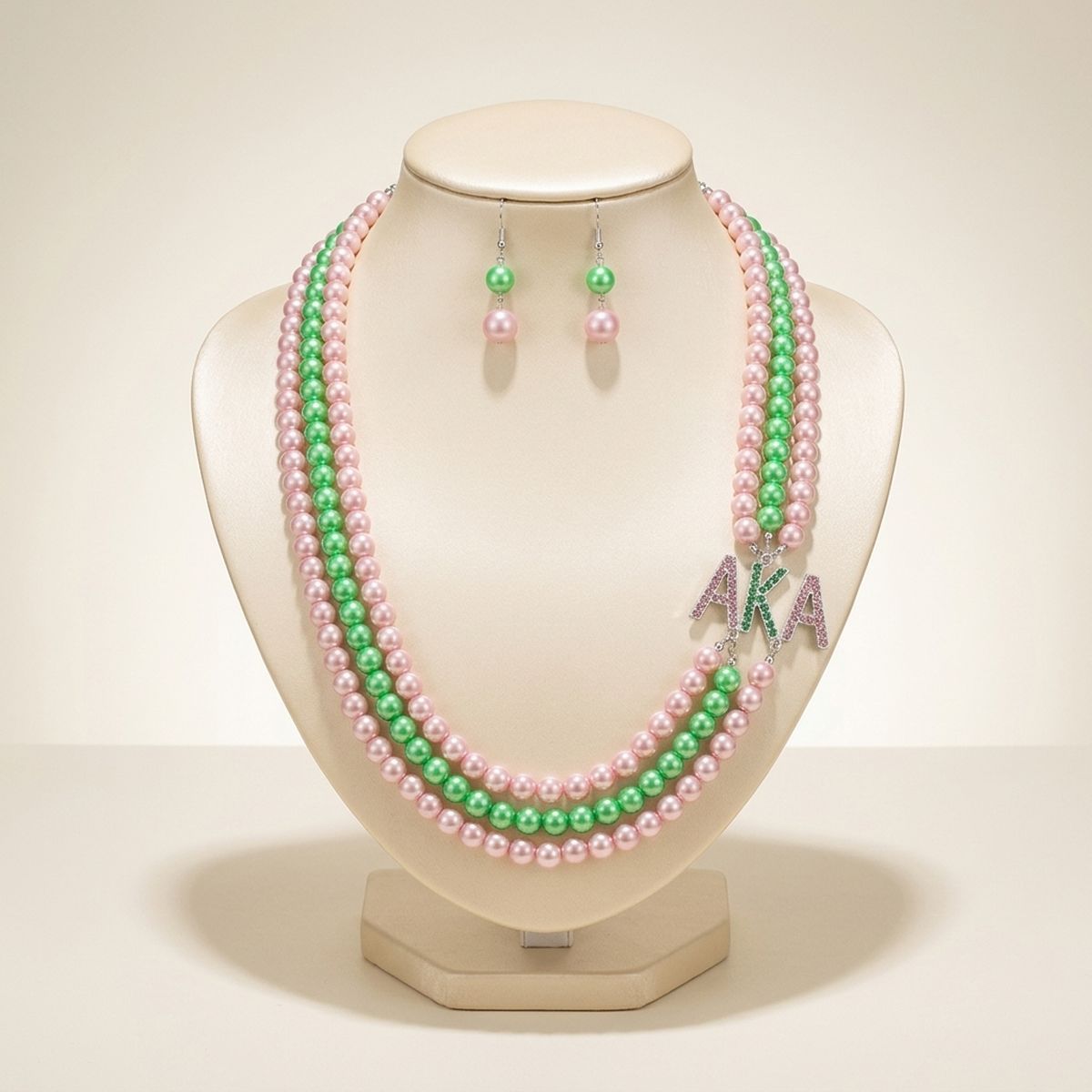 AKA Sorority Pink Green Long 3 Row Brooch Necklace