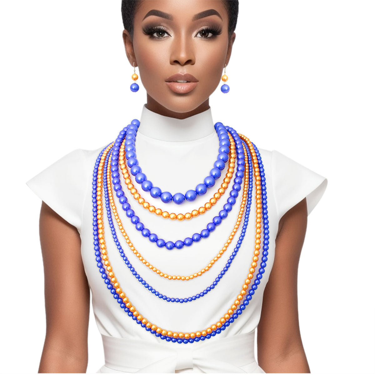 SGRHO Sorority Blue/Purple Gold Pearl Long 7 Row Necklace