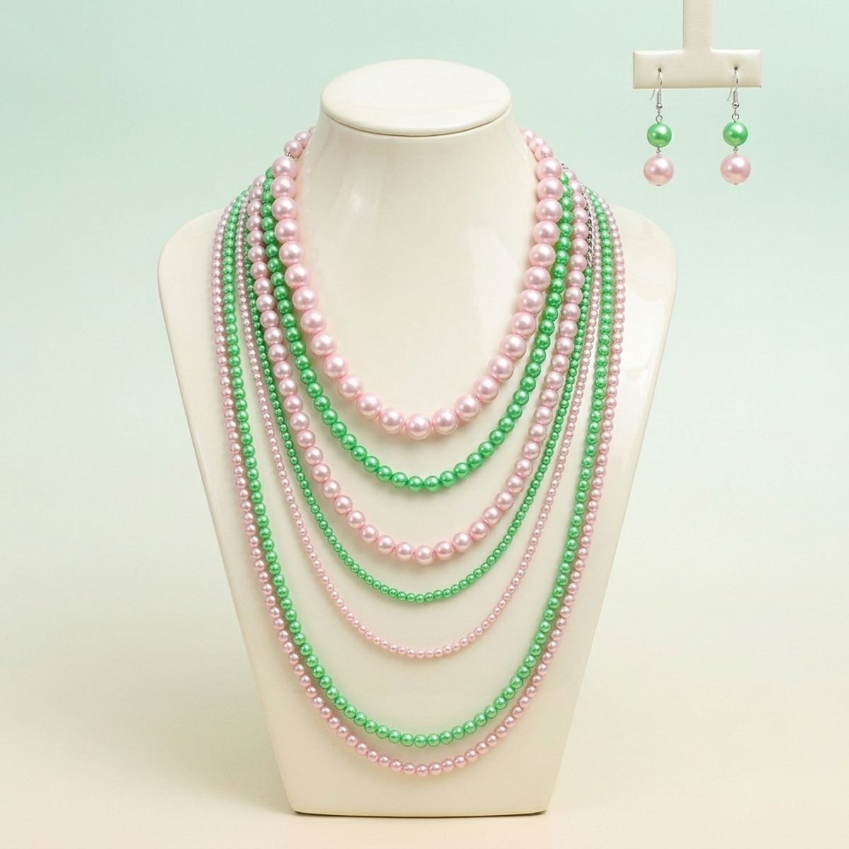 AKA Sorority Pink Green Pearl Long 7 Row Necklace