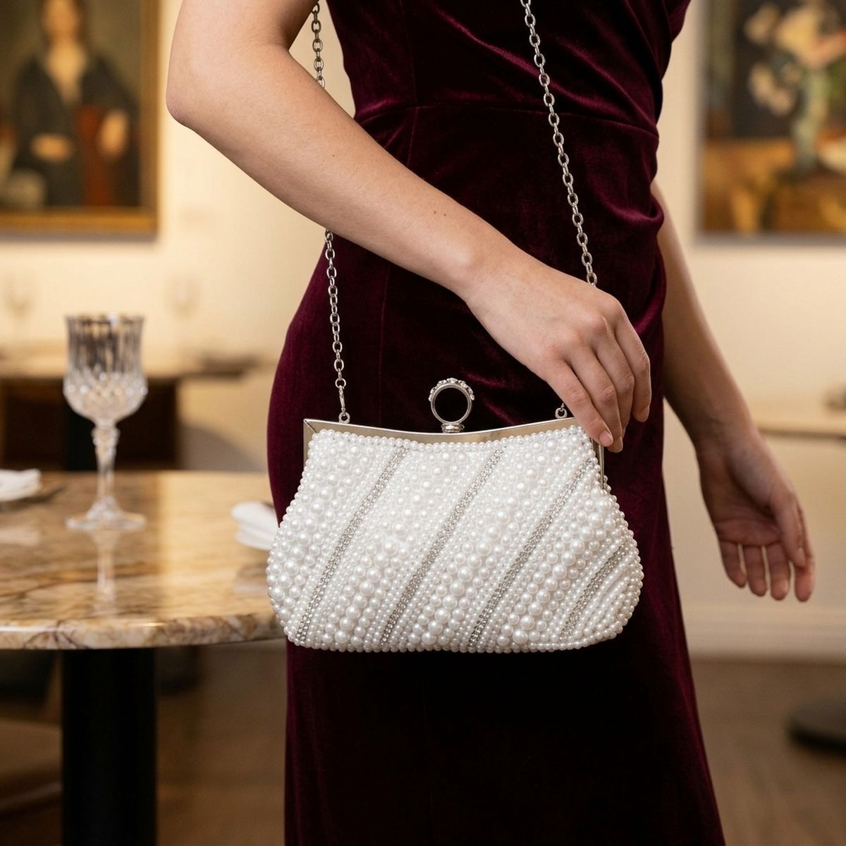 White Pearl Rhinestone Hand Sewn Evening Clutch