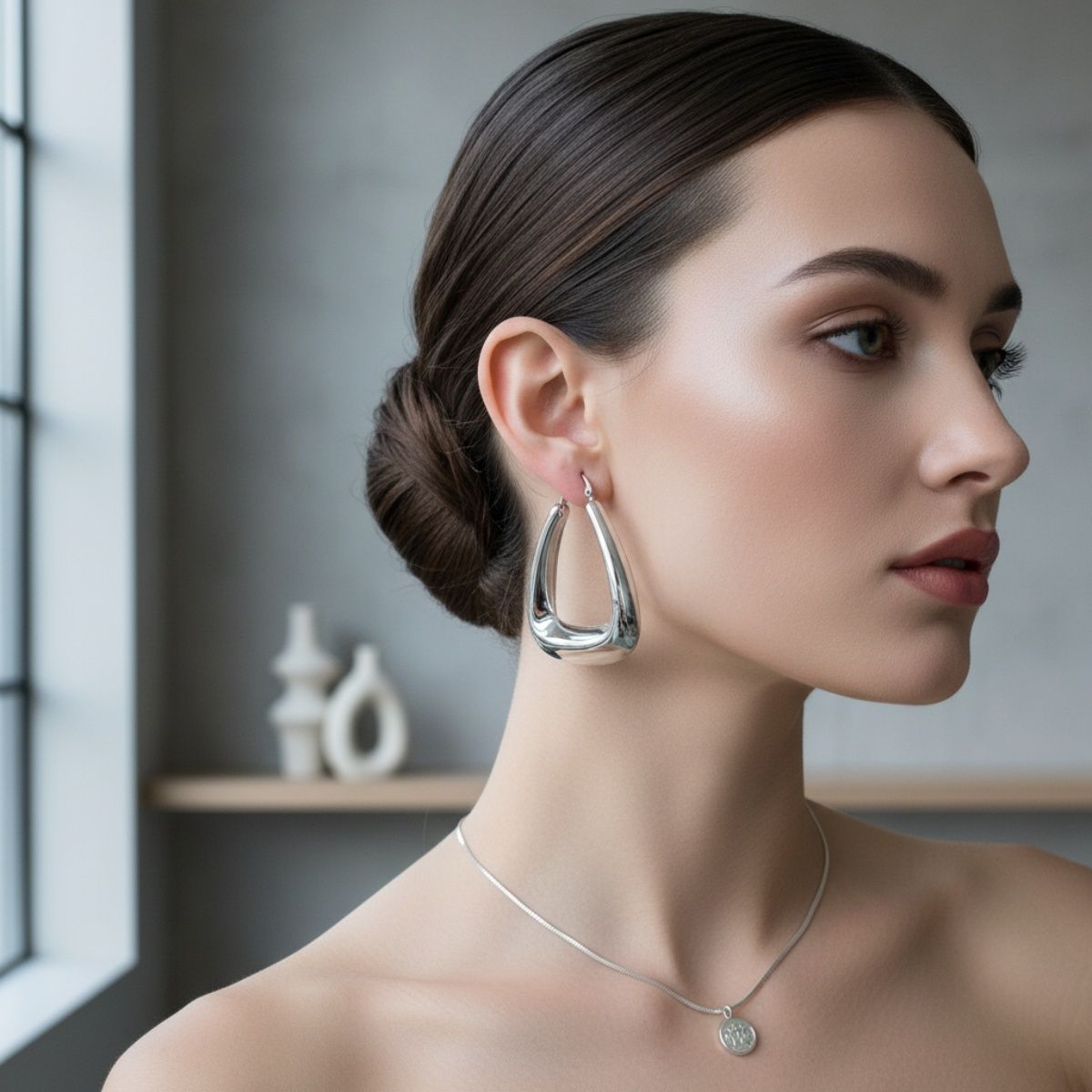 Hoop Silver Steel Trapezoid Thick Hollow Earrings