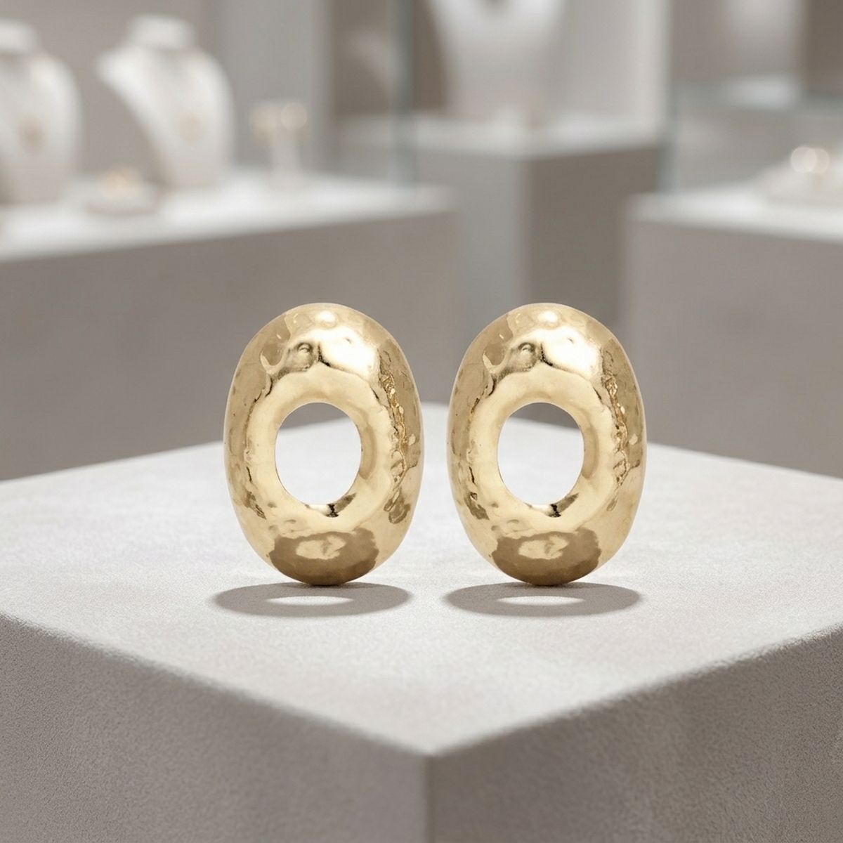 Stud Brushed Gold Hammered Domed Oval Earrings