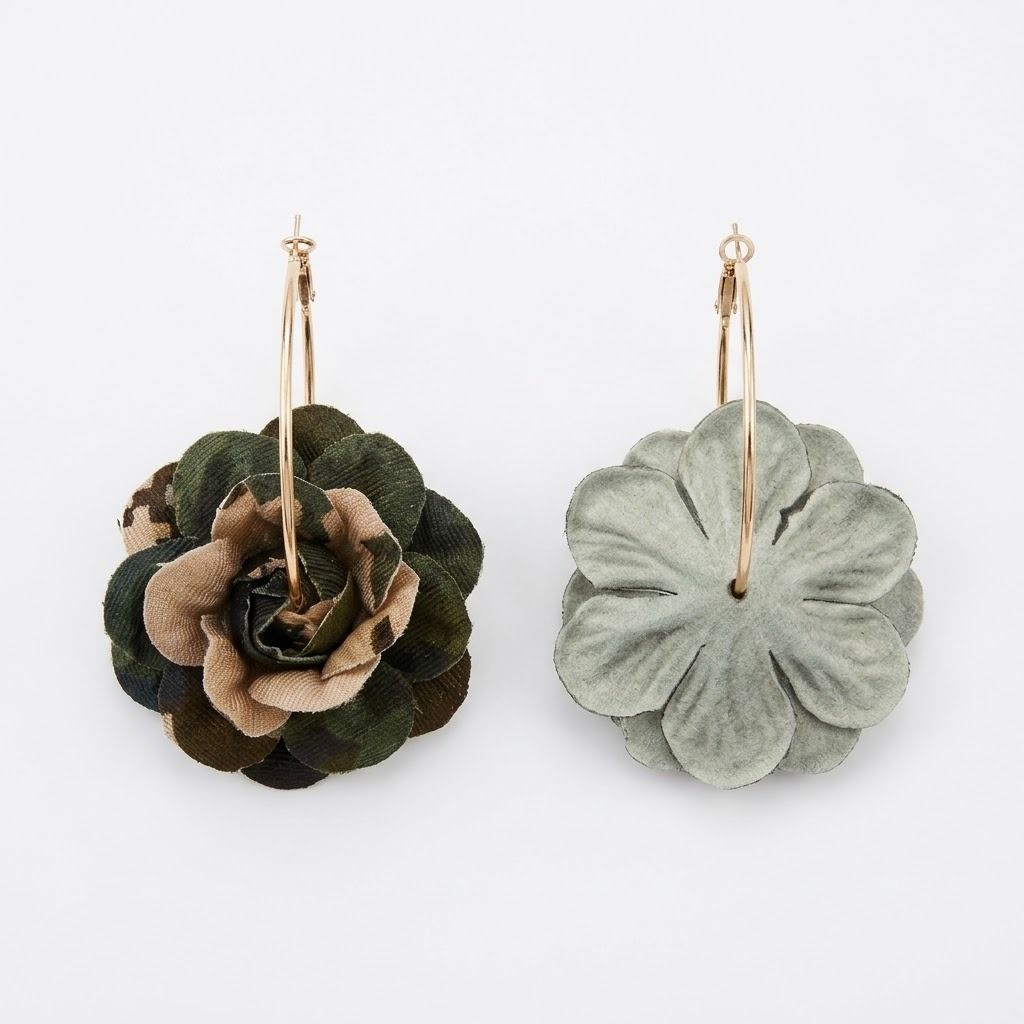 Camouflage Dimensional Flower Gold Hoop Earrings