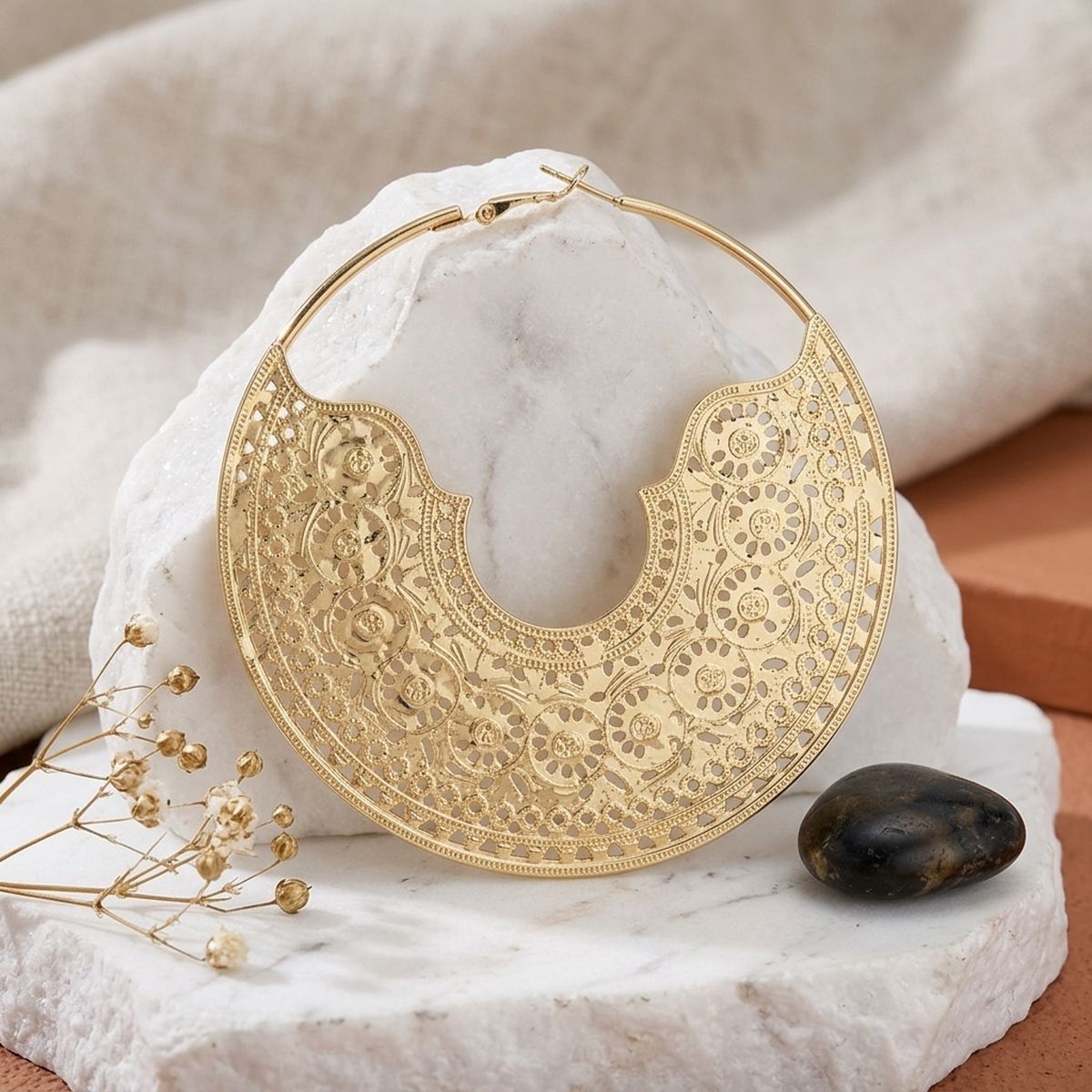 Hoop Gold Oversized Filigree Pattern Earrings