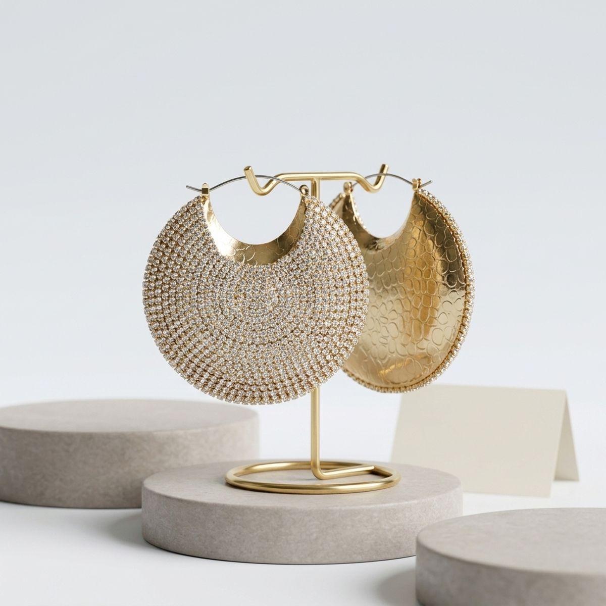 Hoop Rhinestone Covered Crescent Puffy Earrings
