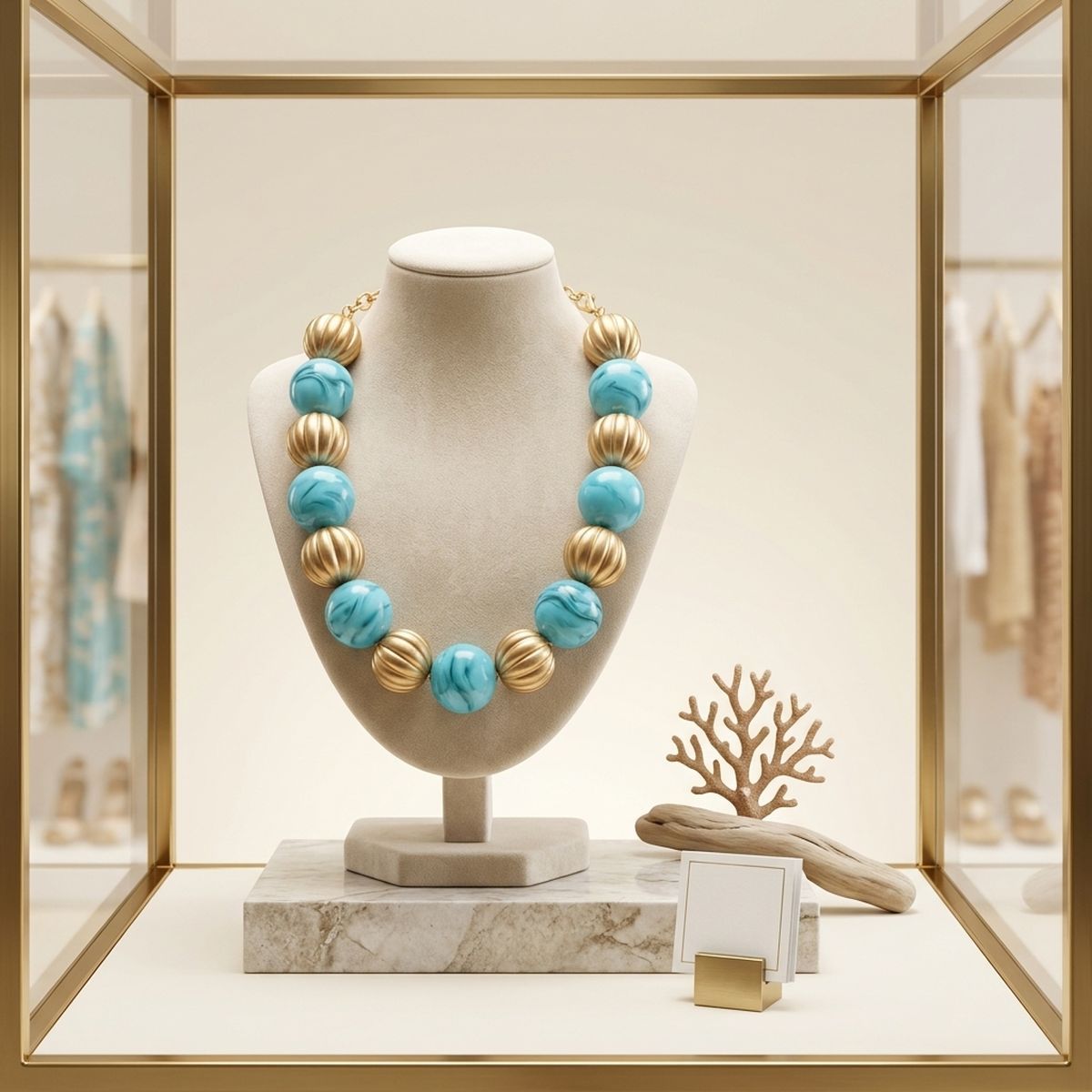 Turquoise Marbled & Fluted Gold Chunky Necklace