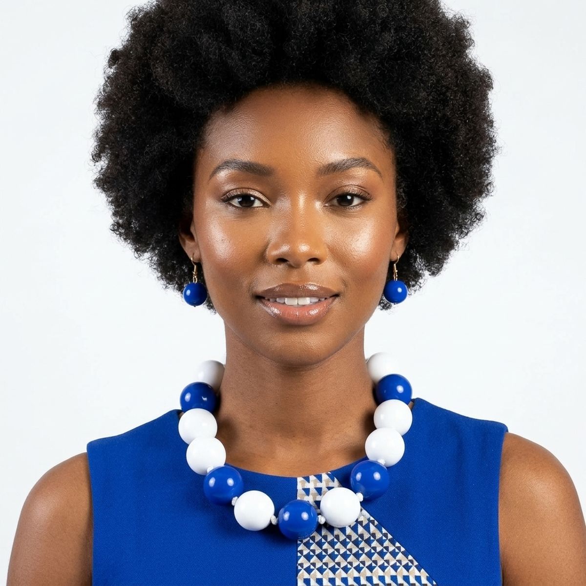 Mod Style Two Tone Blue White Chunky Bead Necklace