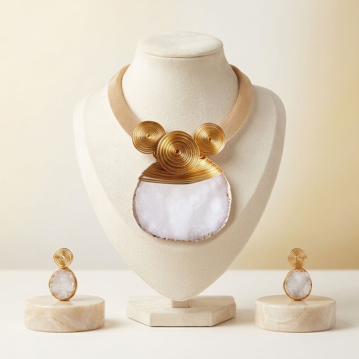 White Druzy Stone Pendant Gold Collar Necklace