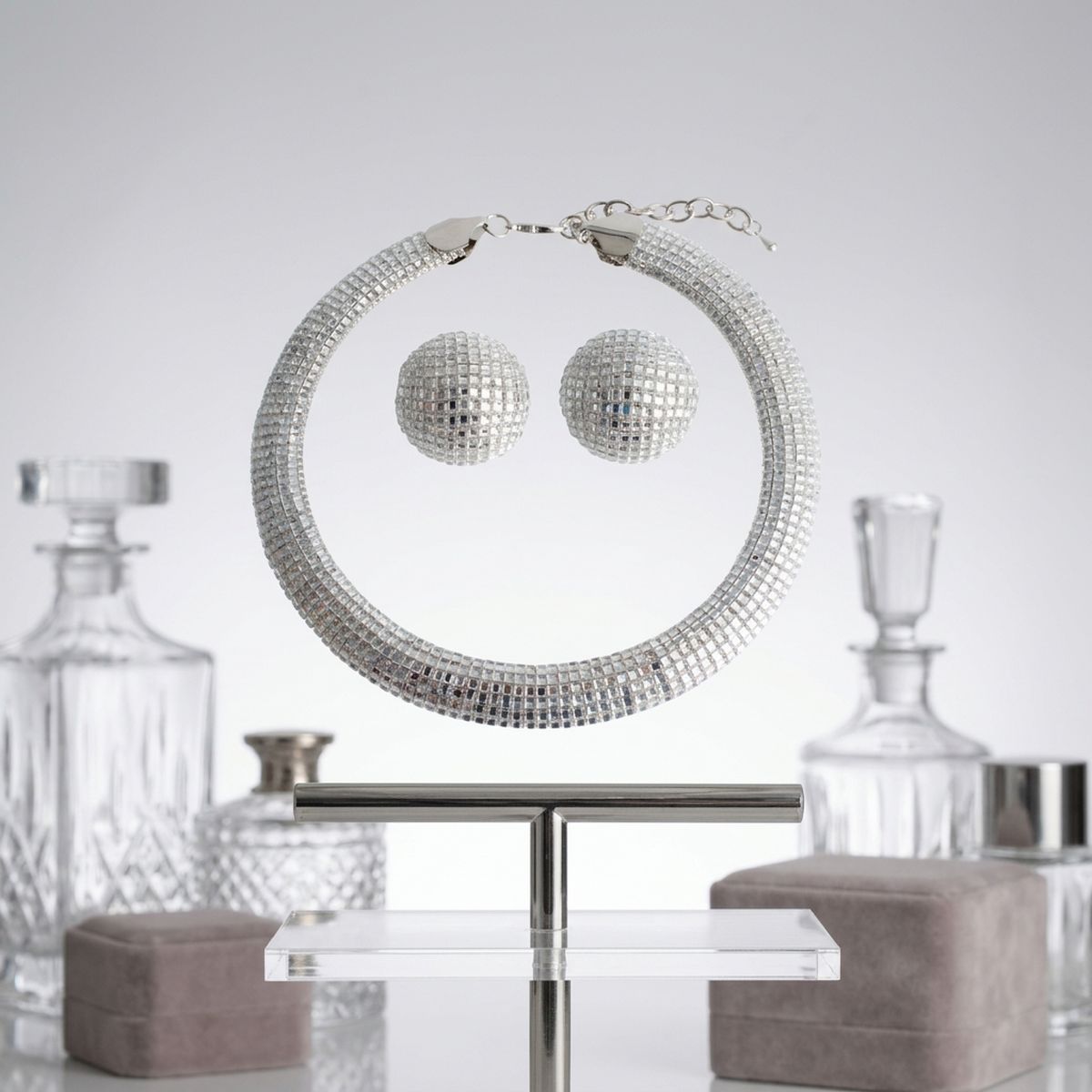 Silver Clear Stone 6 Row Disco Ball Collar Necklace