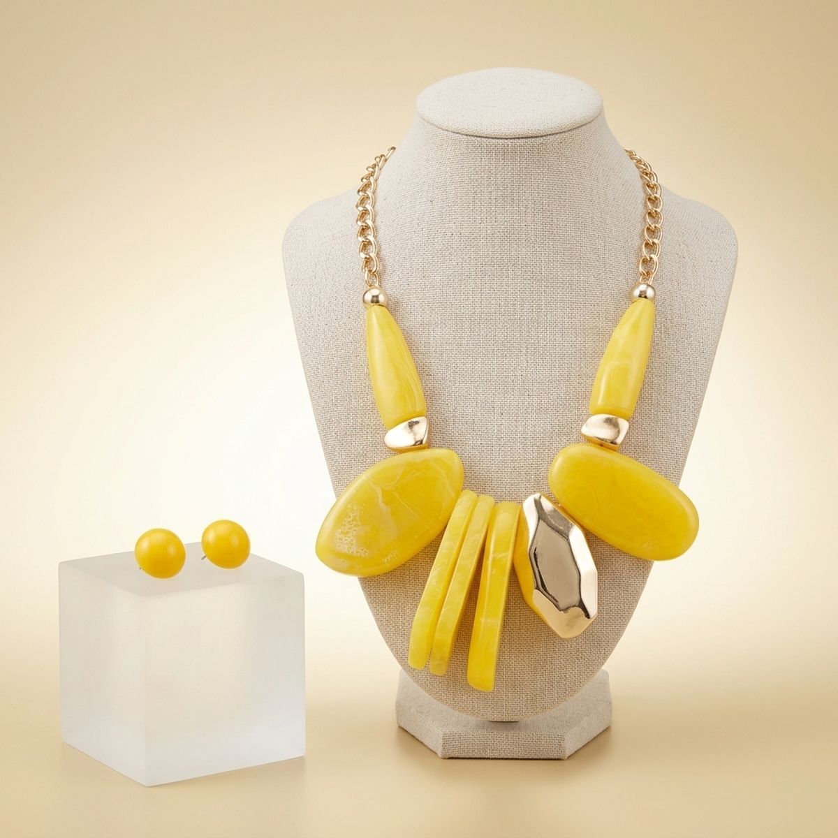 Chunky Yellow Geometric Marbled Resin Bib Necklace