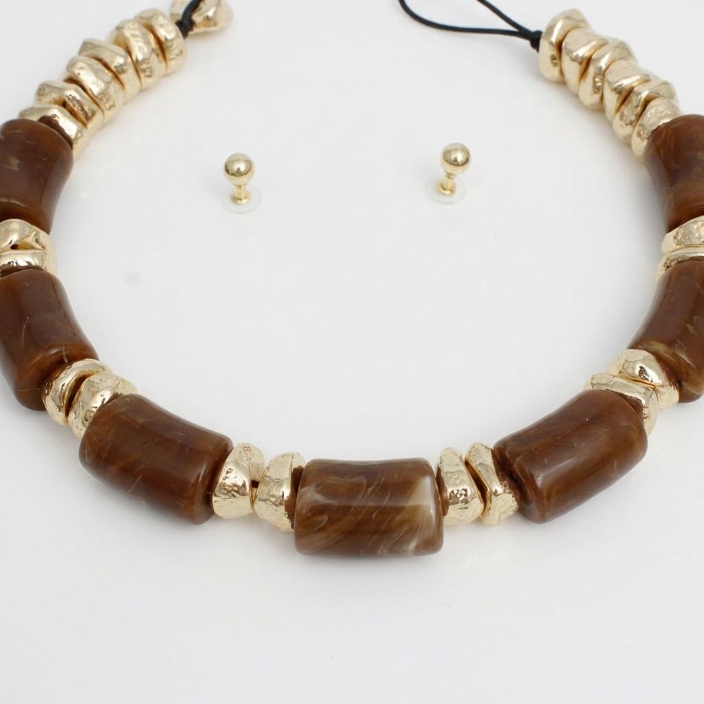 Vintage Marbled Brown Resin Bead Toggle Necklace