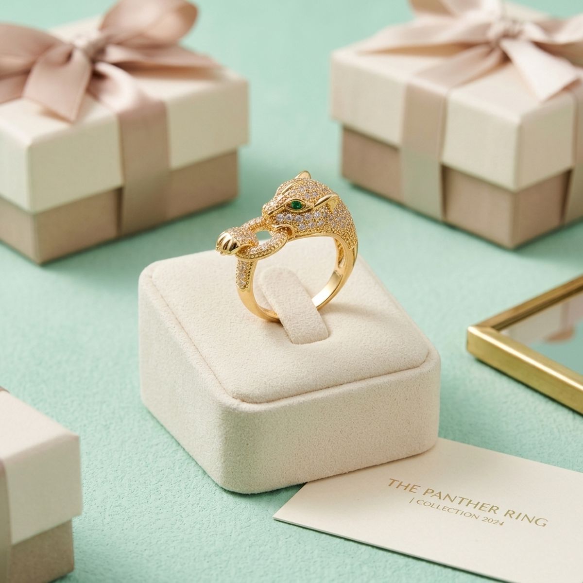 Gold CZ Pave Panther Adjustable Cocktail Ring