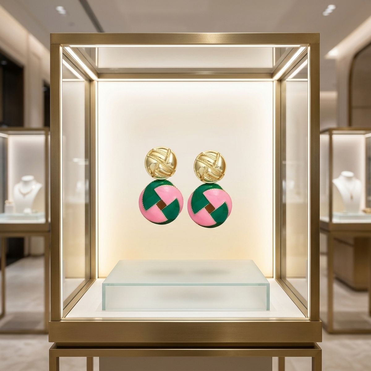 14K Gold Pink Green AKA Domed Woven Drop Earrings