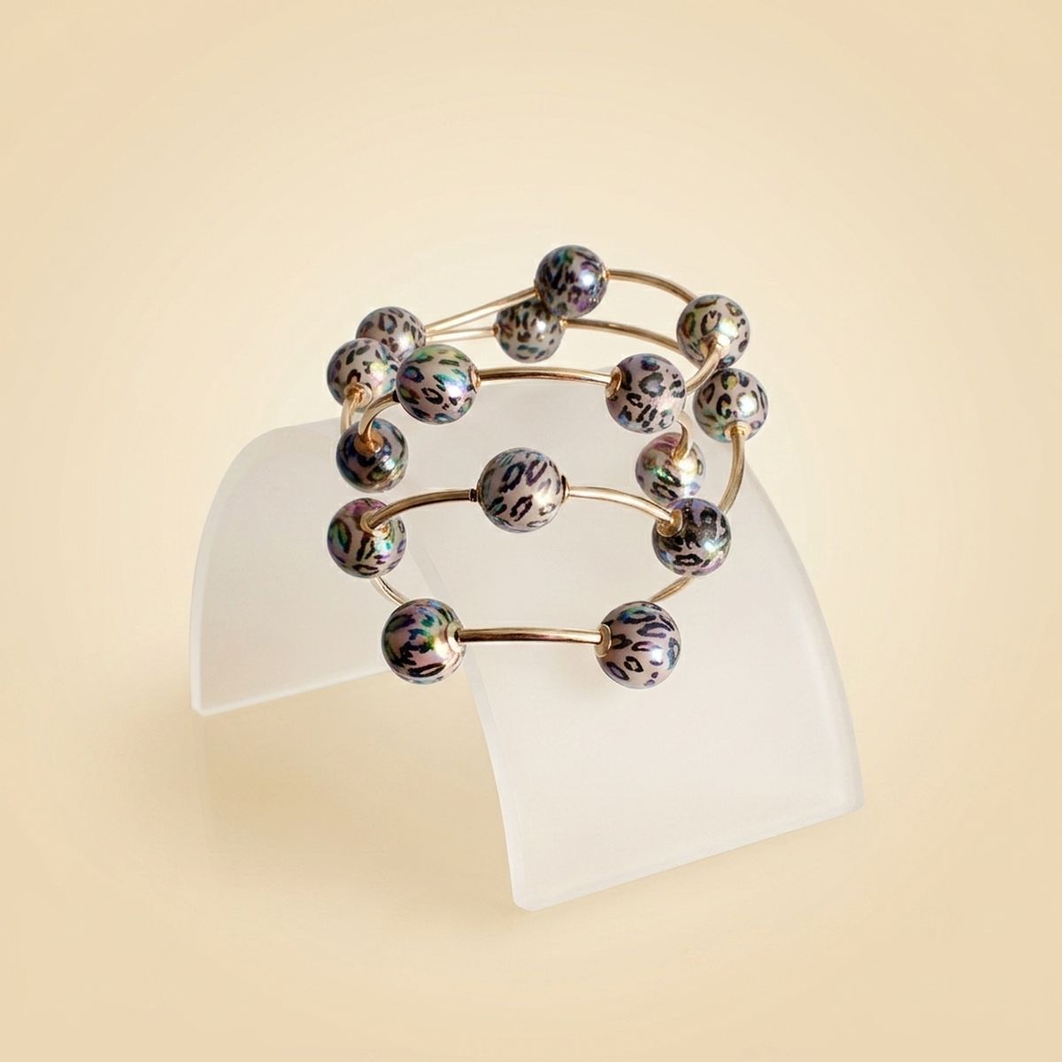 Iridescent Leopard Bead 3pcs Stretch Bracelet Set