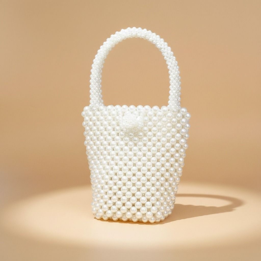 Top Handle Bucket Cream Pearl Woven Handmade Bag