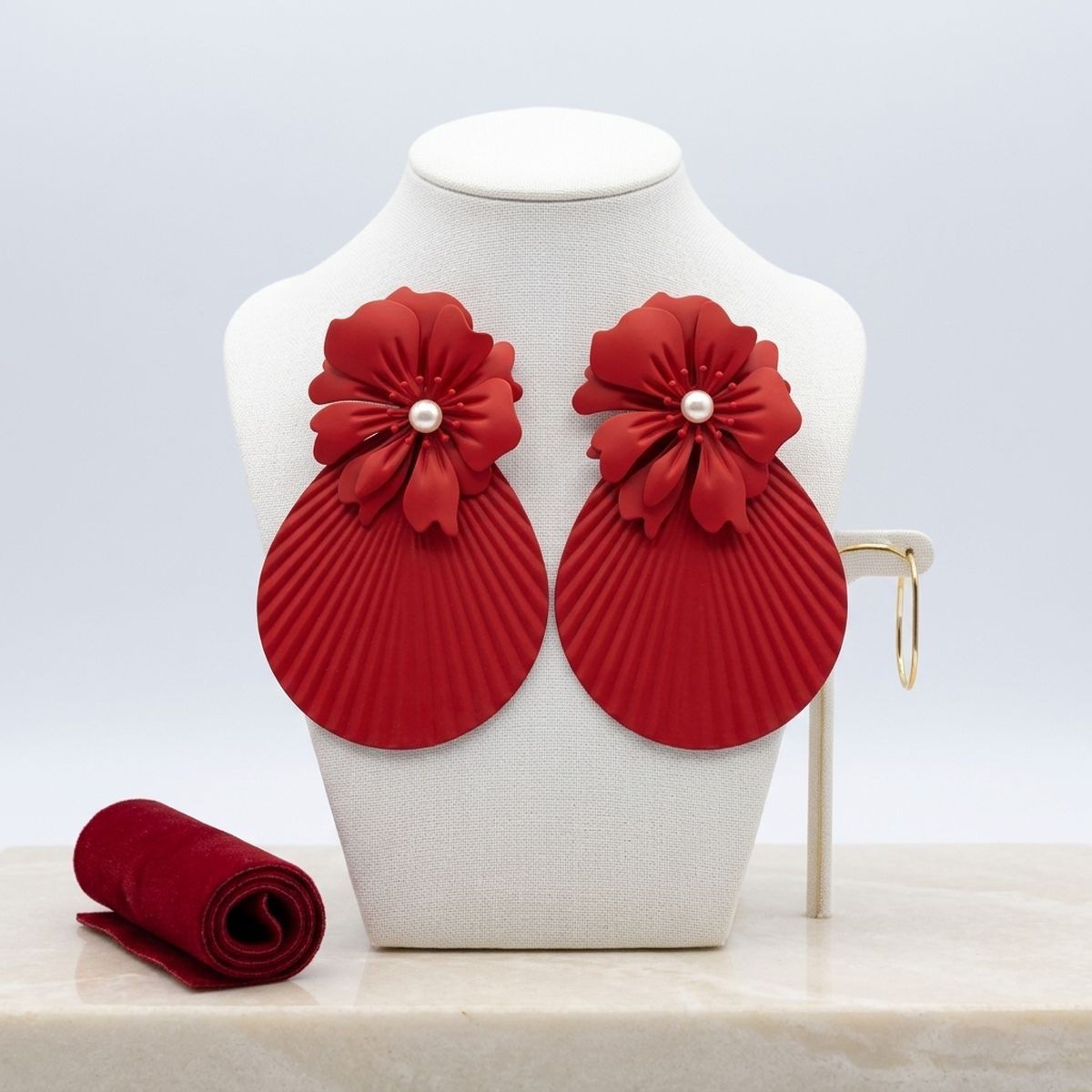 Large Stud Red Flower Fanned Teardrop Earrings