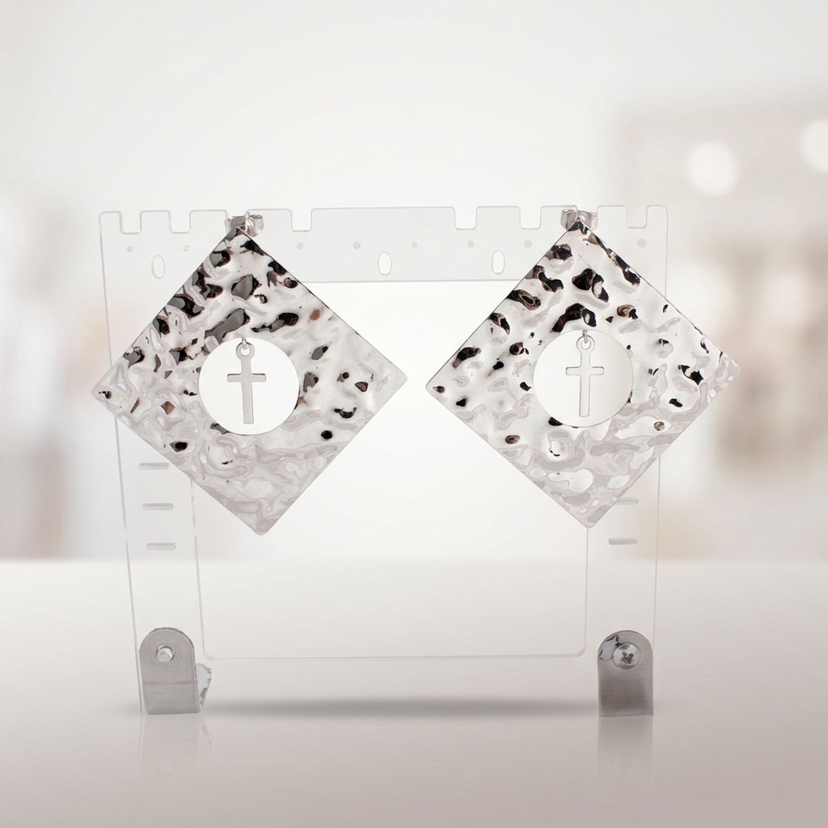 Silver Hammered Diamond Cross Large Stud Earrings