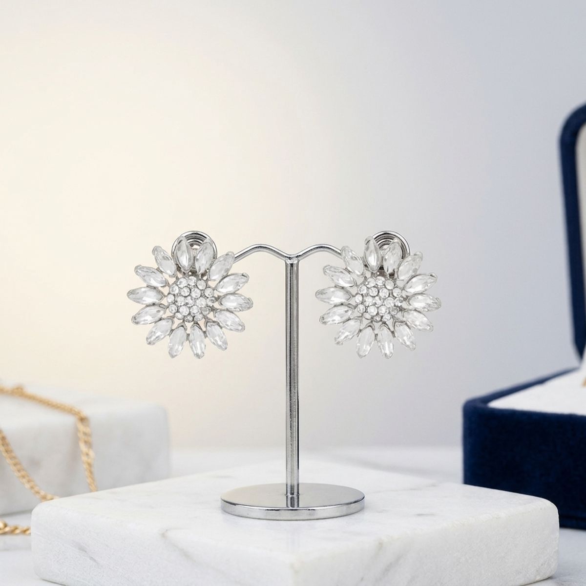 Clip On Silver Glass Crystal Sunflower Earrings