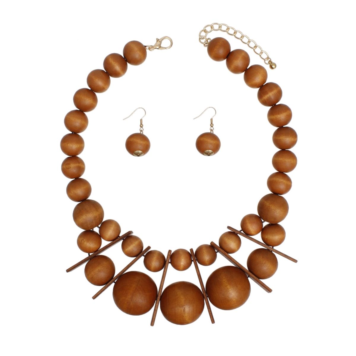Bib Chunky Brown Wood Geometric Bead Necklace