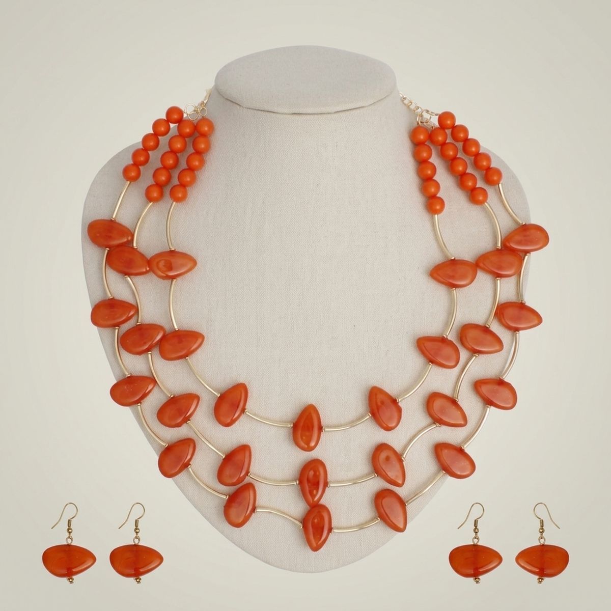 Layered Orange Disc and Gold Tube Bead Necklace