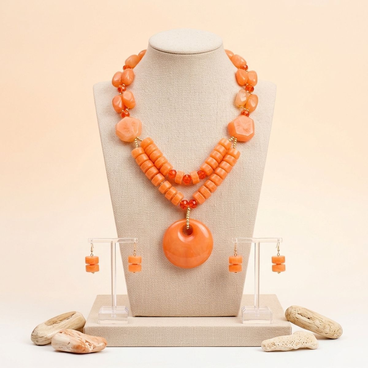 Long Coral Orange Chunky Beaded Pendant Necklace