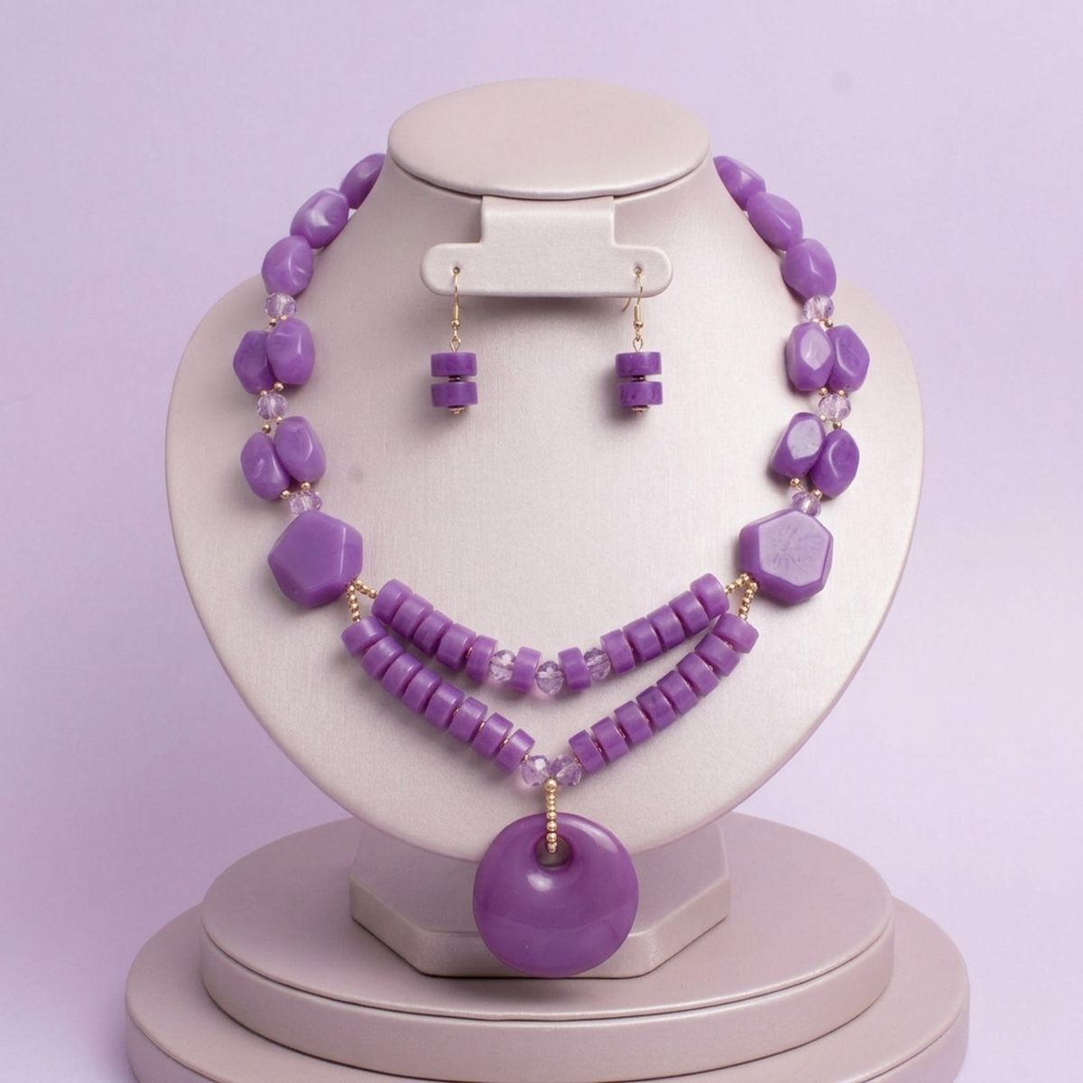 Long Bold Purple Chunky Beaded Pendant Necklace