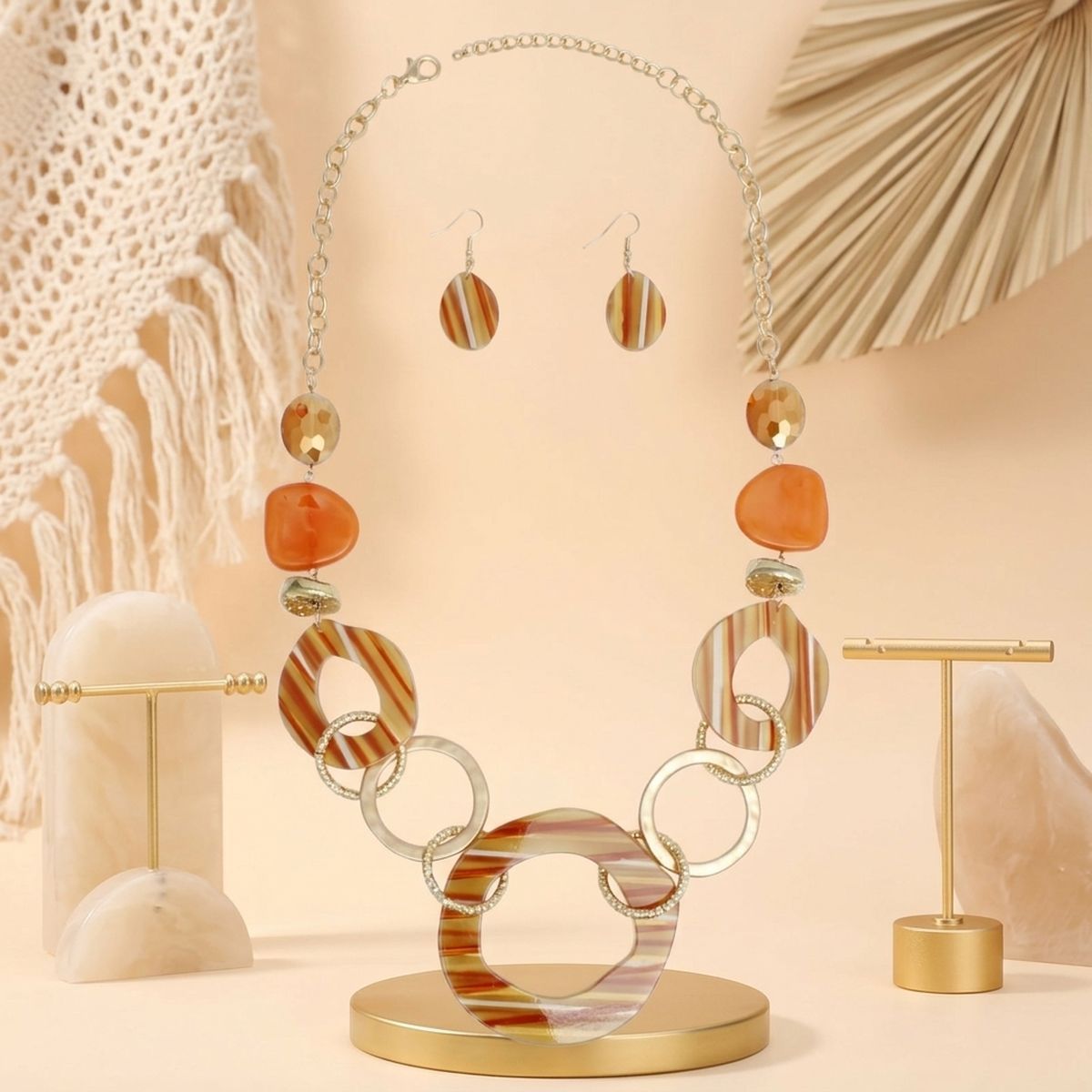 Long Orange Stripe Mixed Elements Link Necklace