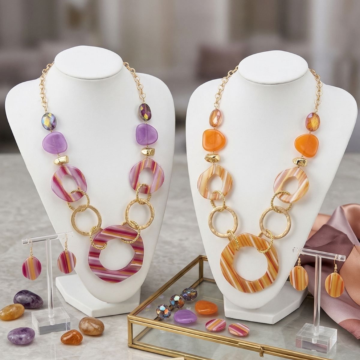 Long Fuchsia Stripe Mixed Elements Link Necklace