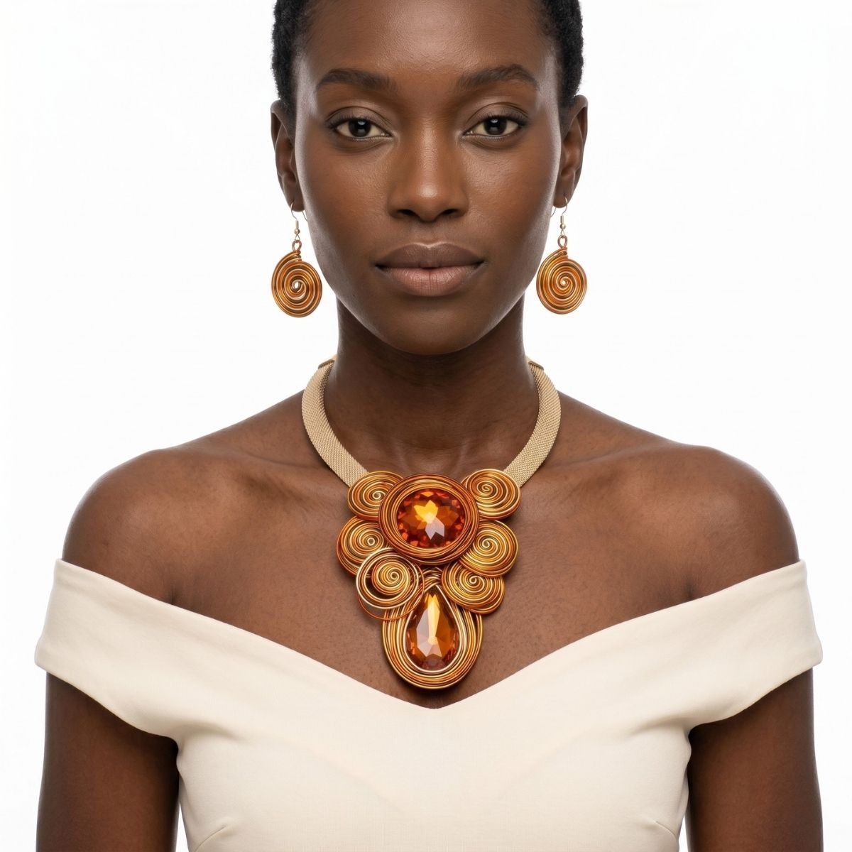 Orange Wire Wrap Teardrop Crystal Bib Necklace