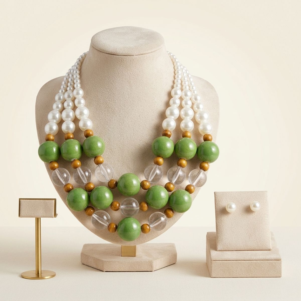 Chunky Green Glazed Bead & Pearl Layered Necklace